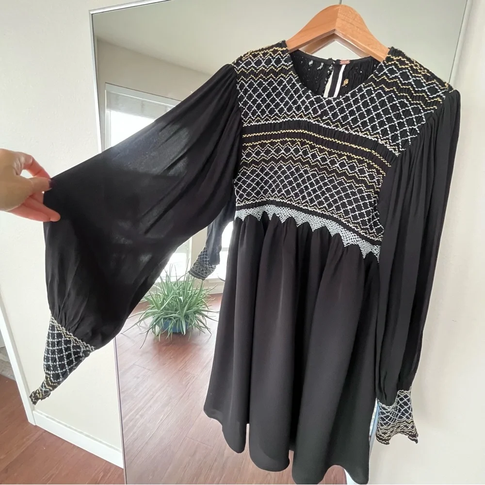 FREE PEOPLE Black Smocked & Embroidered Bohemian Mini Dress. NWOT, Size M - Picture 2 of 10